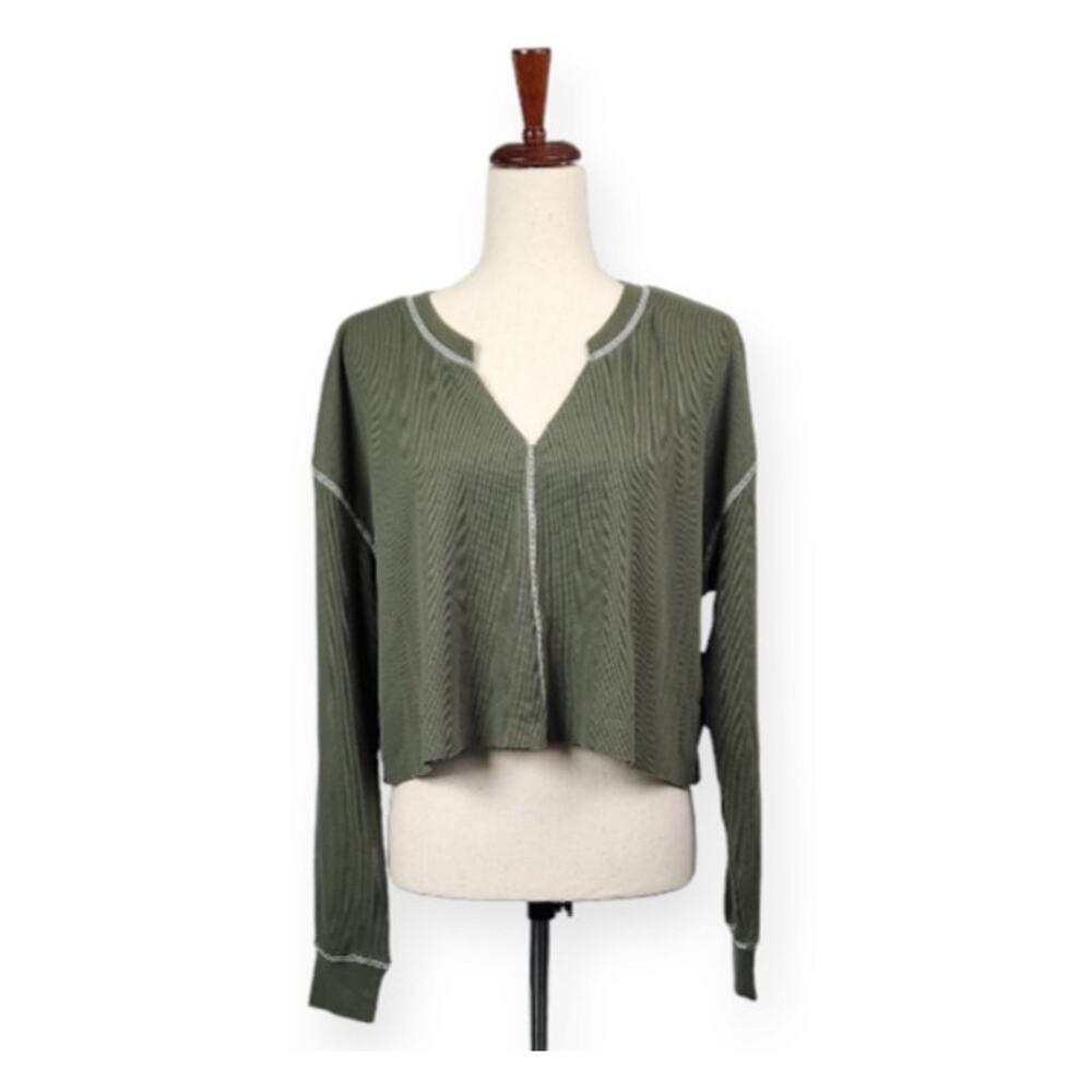 BP Thermal Knit Crop Top Long Sleeve Split V-neck Olive Sarma Size Large New